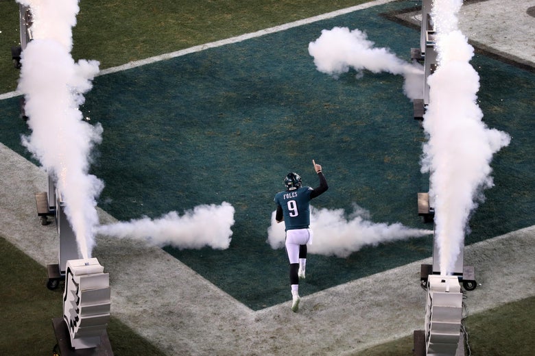 PHILADELPHIA, PA - JANUARY 21: Nick Foles #9 of the Philadelphia Eagles runs out on to the field prior to the NFC Championship game against the Minnesota Vikings at Lincoln Financial Field on January 21, 2018 in Philadelphia, Pennsylvania. (Photo by Patrick Smith/Getty Images)